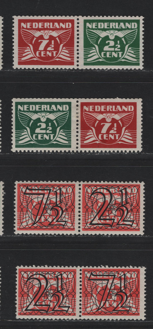 Lot 83 Netherlands SC#228a, 243Er 2.5c & 7.5c on 3c - 2.5c and 7.5c Vermillion - Dark Green and Henna , 1940 Surcharged Issue, 4 FOG Se-Tenant & Coil Pairs, 2.5c & 7.5c Green & Henna Are Coil Pairs, Others Are Se-Tenant Only