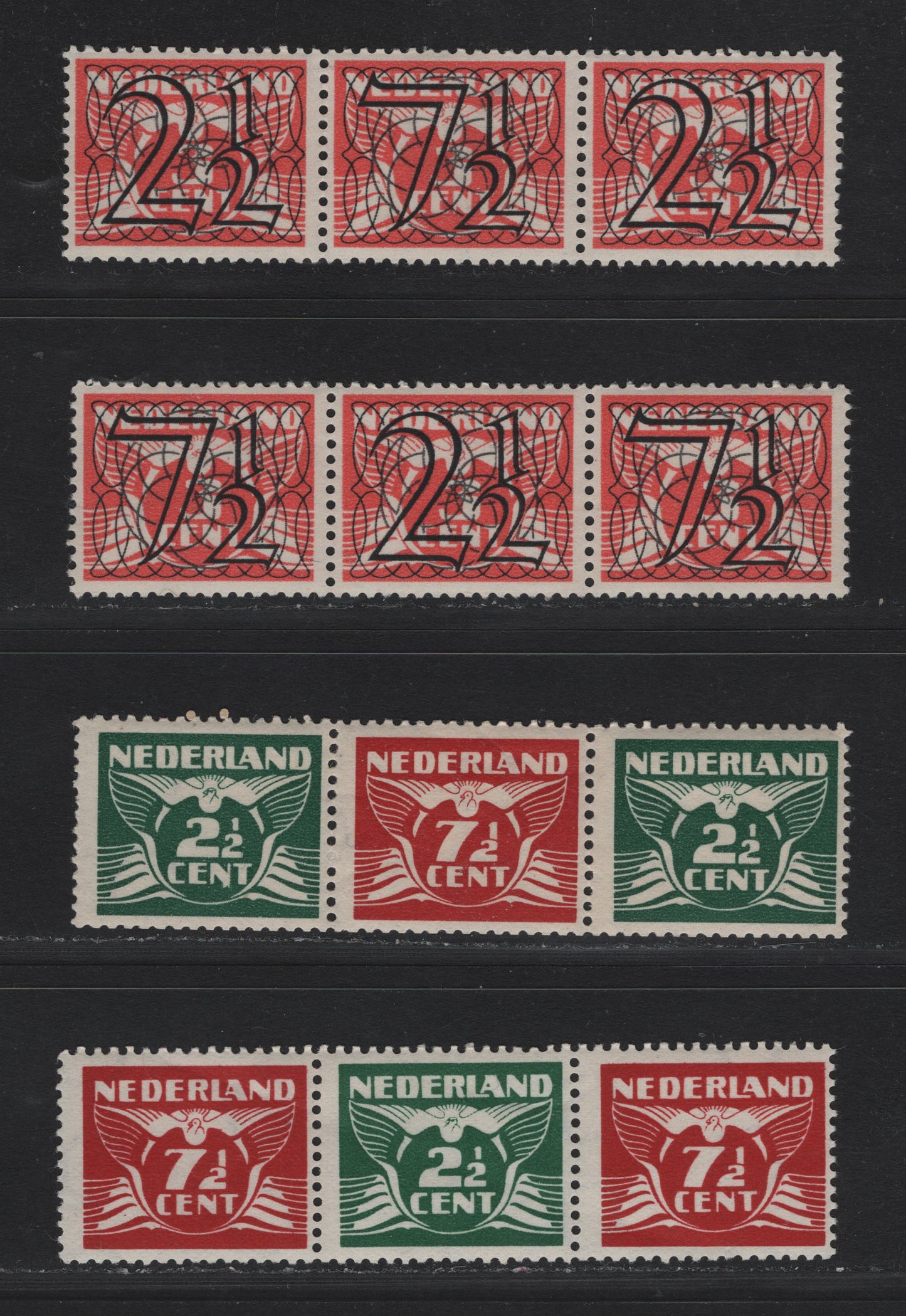 Lot 84 Netherlands SC#226a, 243Er 2.5c & 7.5c on 3c - 2.5c and 7.5c Vermillion - Dark Green and Henna , 1940 Surcharged Issue, 4 F/VFOG Strips Of 3