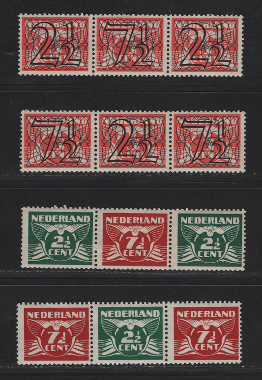 Lot 84 Netherlands SC#226a, 243Er 2.5c & 7.5c on 3c - 2.5c and 7.5c Vermillion - Dark Green and Henna , 1940 Surcharged Issue, 4 F/VFOG Strips Of 3