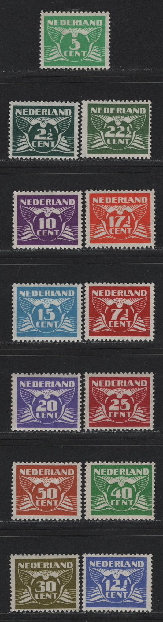 Lot 86 Netherlands SC#243A-243Q 2.5c - 50c Dark Green - Orange Brown , 1941 Gull Design Definitives, 13 F/VFOG Singles, Circles Wmk, Both Semi Gloss Gum Types