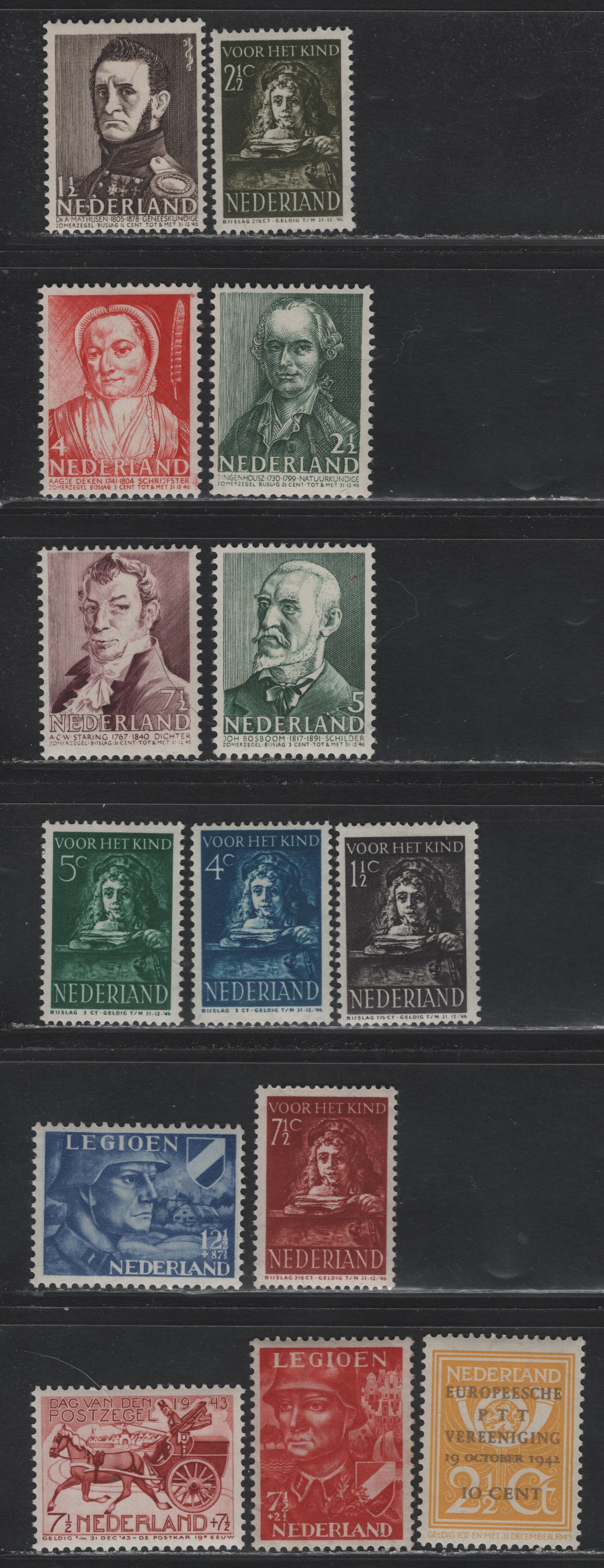 Lot 87 Netherlands SC#B144-B148, V134-B143, 244 1.5c - 1.5c - 7.5c+7.5c Black Brown - Henna Brown , 1941-1943 Founding Of European Union Of Posts & Telegraphs - Stamp Day Issues, 16 VG/VFOG Singles, B144 Has A Heavy Corner Crease