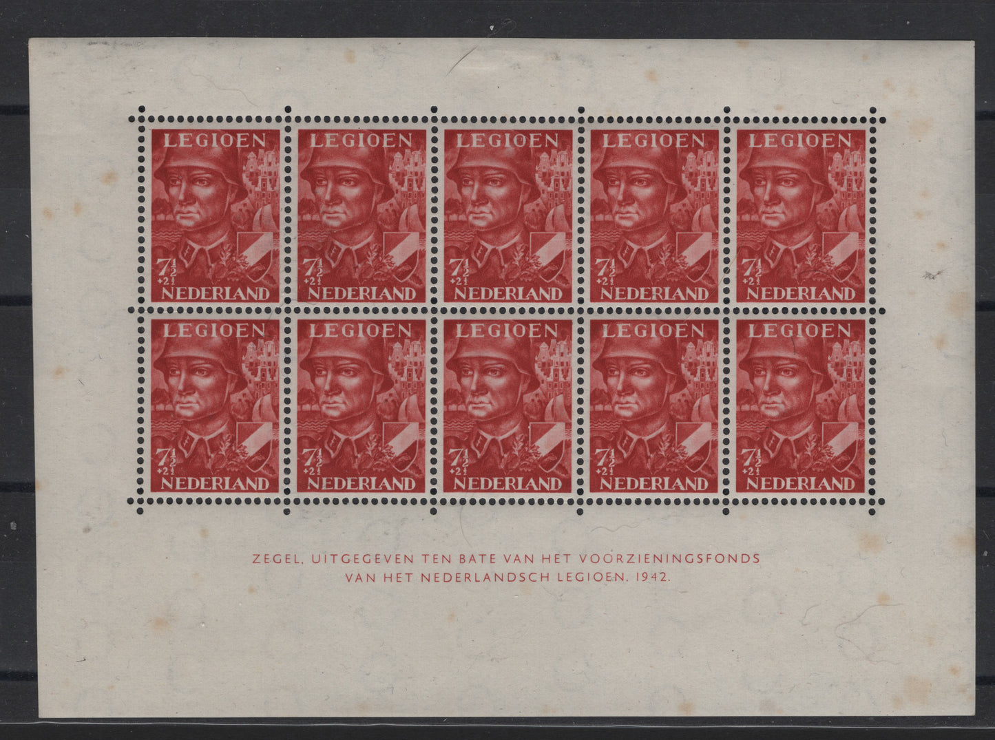 Lot 88 Netherlands SC#B144a 7.5c+2.5c Dark Red Legion, 1942 Semi Postal Issue, A FNH Souvenir Sheet Of 10