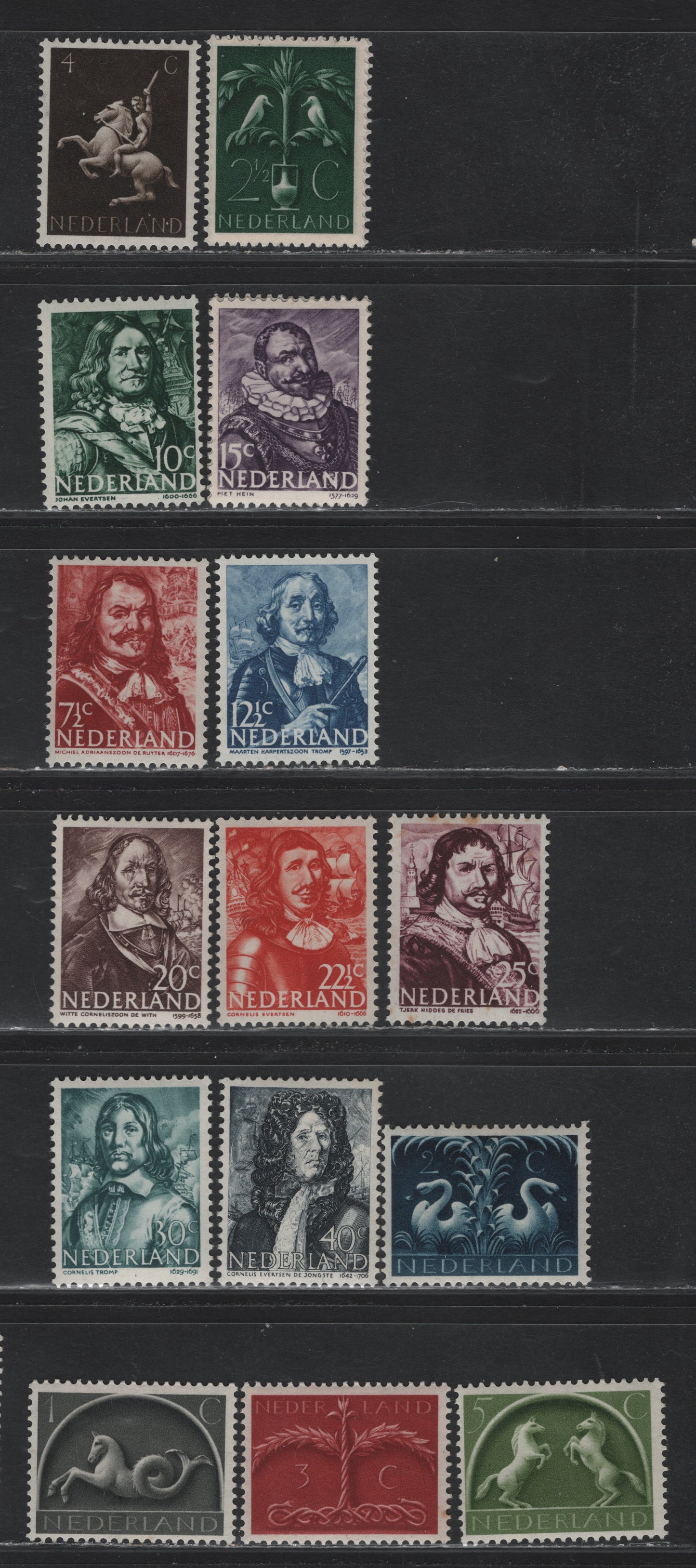Lot 89 Netherlands SC#245-261 1c - 40c Black - Bluish Black , 1943-1944 Sea Horse, Triple Crown Tree & Portraits Issue, 15 F/VFOG Singles, Some toning on 3c & 25c