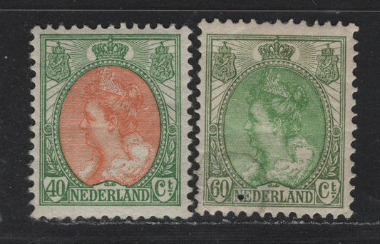 Lot 9 Netherlands SC#79, 82 40c - 60c Green & Orange - Olive Green & Green Numeral, 1898-1924 Numerals - Queen Wilhelmina Issue, 2 VG/VFOG Singles, Small Hole in 60c On N Of 'Netherland'