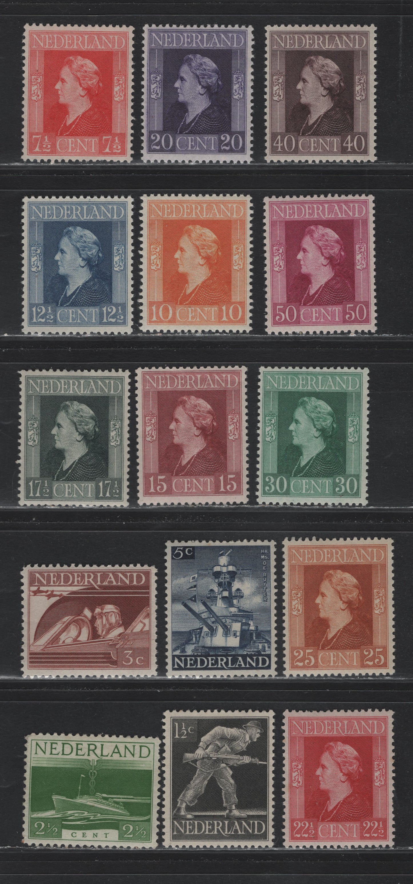 Lot 91 Netherlands SC#262-276 1.5c - 50c Black - Red Violet , 1944-1946 War Effort Definitive Issue, 15 VFOG Singles