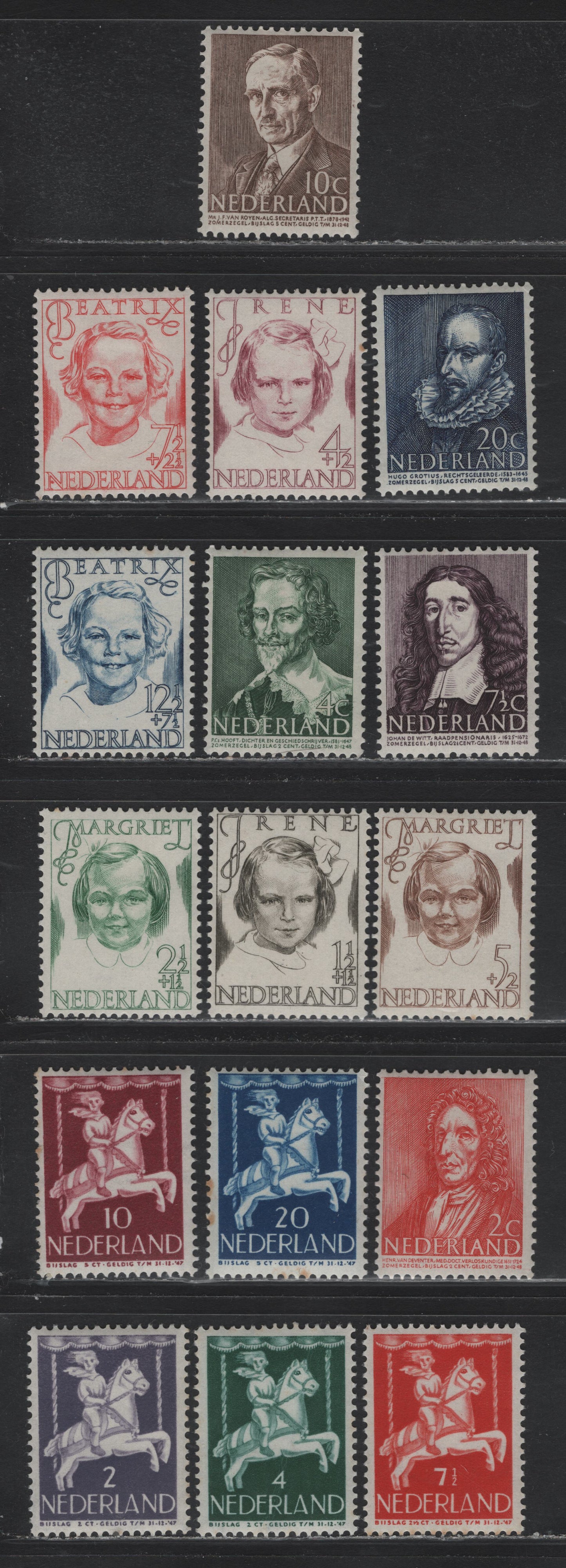 Lot 92 Netherlands SC#B164-B179 1.5c+1.5c - 20c+5c Black Brown - Dark Blue , 1946-1947 Child Welfare & Anti Tuberculosis - Social & Cultural Semi Postals, 16 F/VFOG Singles