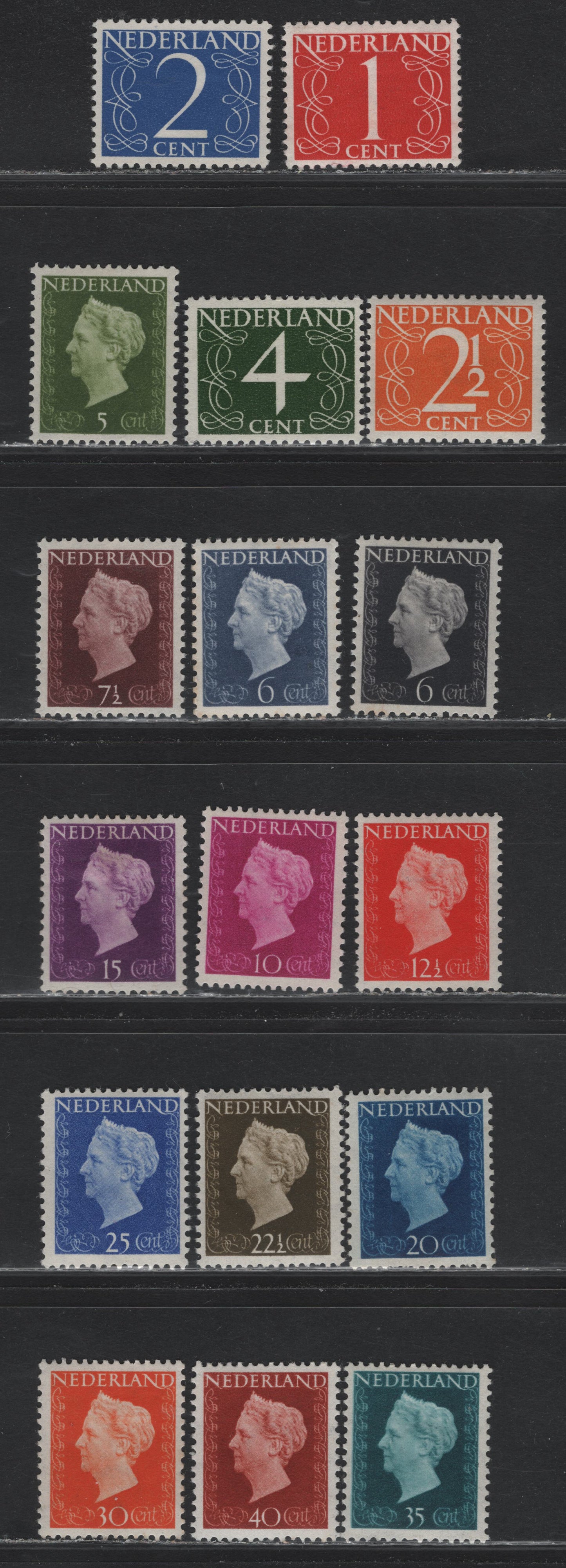 Lot 93 Netherlands SC#282-297, 301 1c - 40c Dark Red- Henna Brown , 1946-1948 Numeral & Queen Wilhelmina Sideface Issue, 17 F/VFOG Singles, 4c On High Fluorescent Paper, Others Are Dull