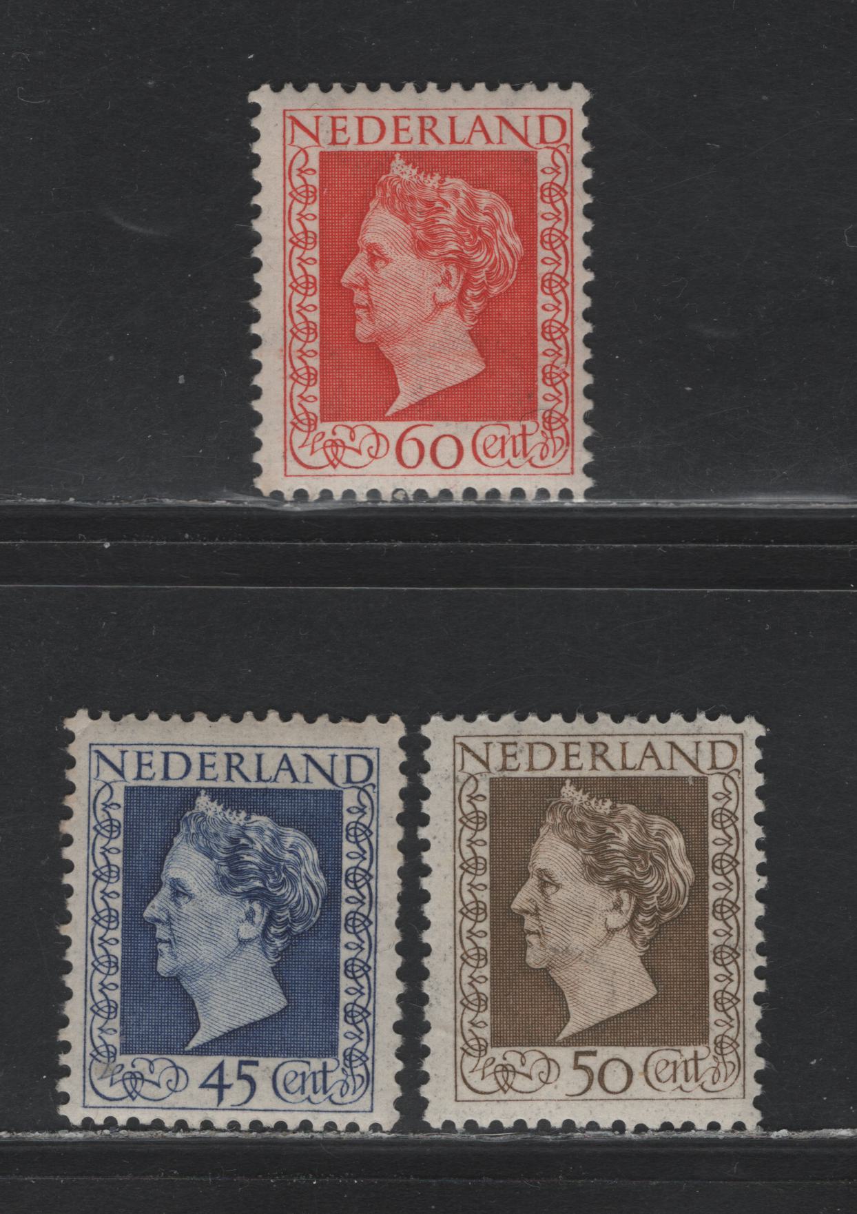 Lot 94 Netherlands SC#298-300 45c - 60c Deep Blue - Red , 1947-1948 Queen Wilhelmina Engraved Sideface Issue, 3 FOG Singles