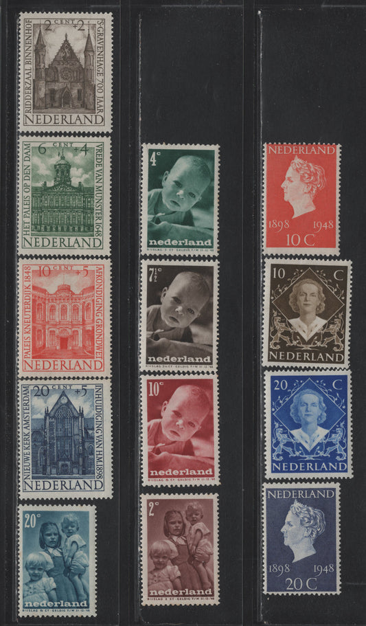 Lot 95 Netherlands SC#302-305, B180-B184 10c - 20c+5c Vermillion - Deep Blue , 1948 50th Anniv of Queen Wilhelmina's Reign - Social & Cultural Purposes Semi Postal Issues, 9 F/VFOG Singles, Small Tone Spot On B184