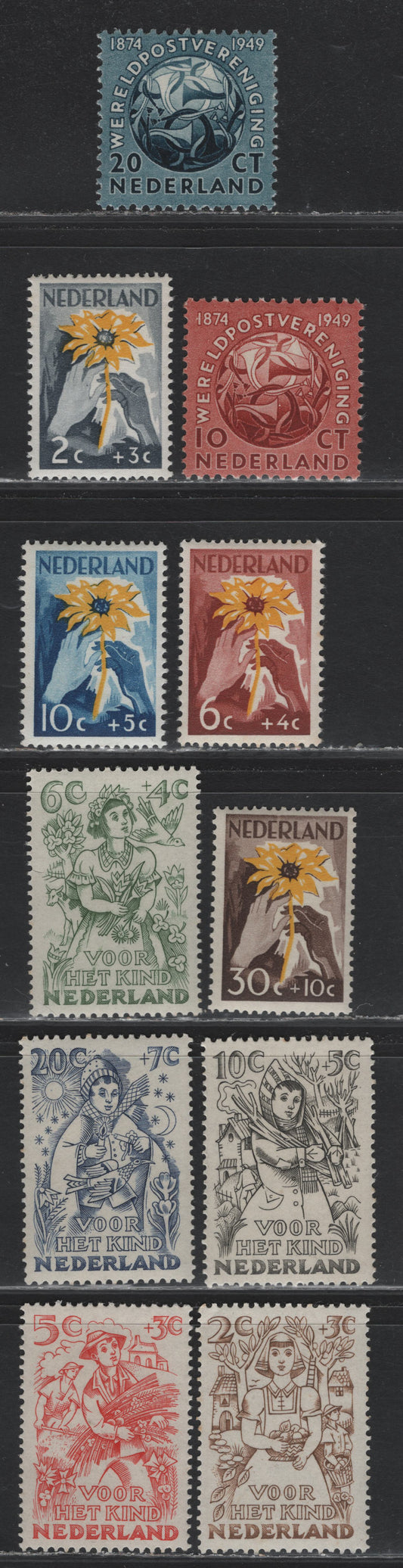 Lot 97 Netherlands SC#323-324, B199-B207 10c - 20c+7c Brown Red - Blue , 1949 Child Welfare Semi Postals, 11 F/VFOG Singles