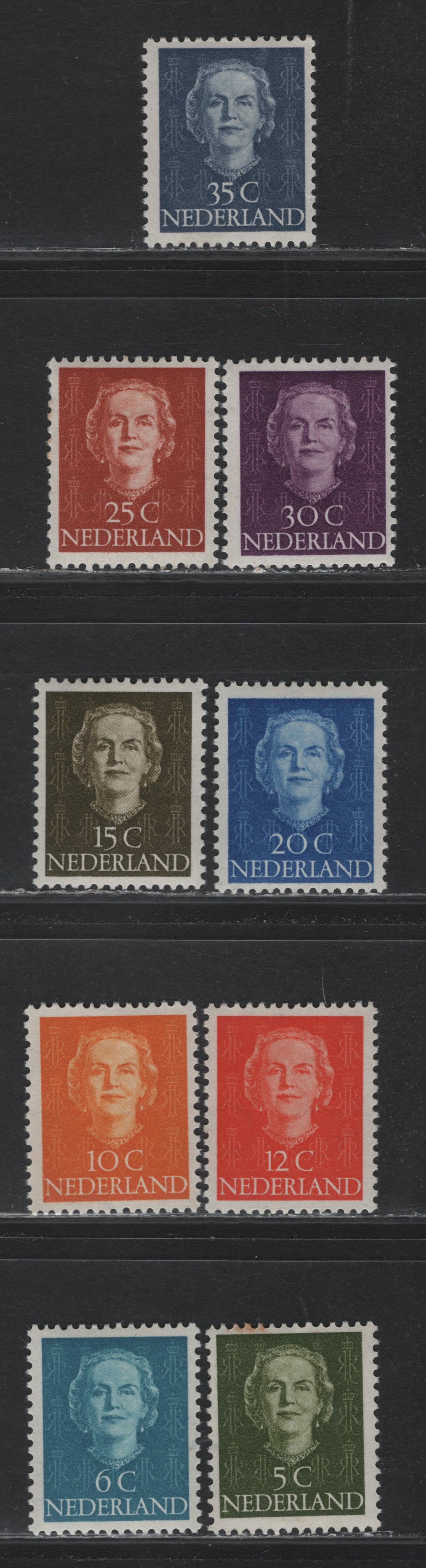 Lot 98 Netherlands SC#306-314 3c - 35c Olive Green - Gray , 1949 Queen Juliana Definitives, 9 F/VFOG Singles