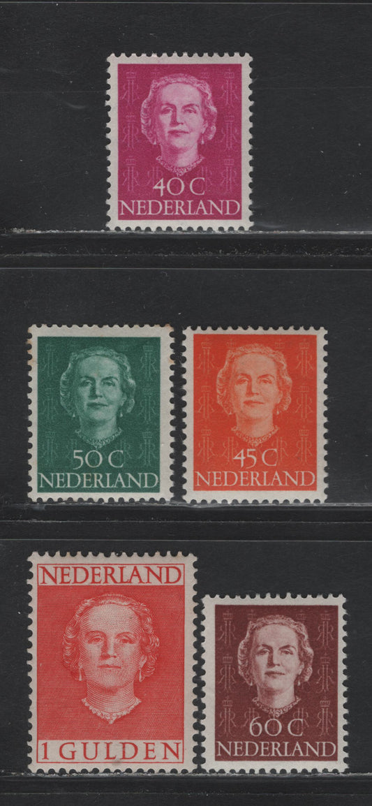 Lot 99 Netherlands SC#315-319 40c - 1g Red Violet - Rose Red , 1949 Queen Juliana Full Faced Issue, 5 F/VFOG/NH Singles, Slight Toning On The 50c, The 45c Is NH