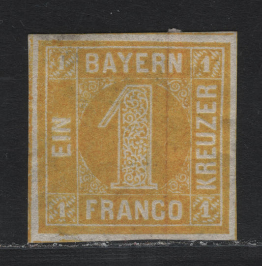 Lot 10 Bavaria SC#9 (Michel# 8I) 1kr Yellow , 1862 Numeral Issue, A VFOG Single, Plate 2, Full Margins On All Sides