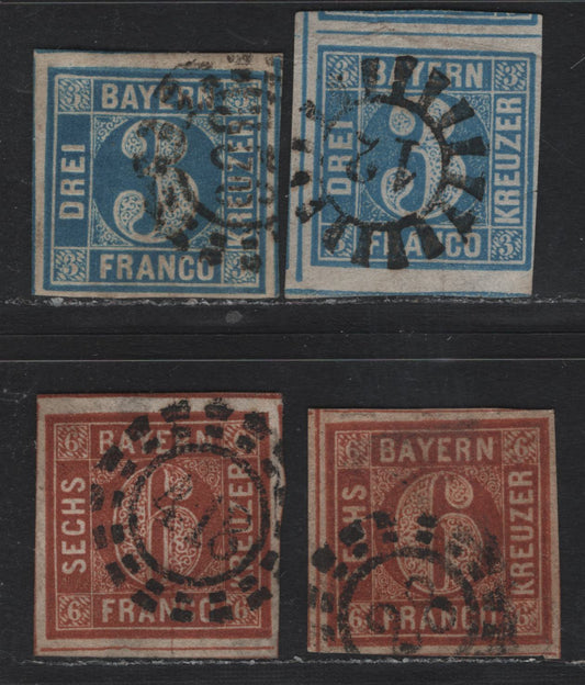 Lot 1 Bavaria SC#2, 5 (Michel# 2II4, 2II5, 4II2, 4II3) 3kr - 6kr Blue - Red Brown , 1849-1858 Numeral Issue, 4 Very Fine Used Singles, Various Plates & Cancels