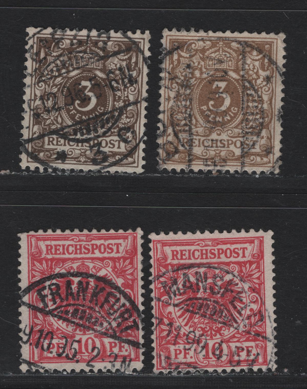 Lot 102 Germany SC#46,a, 48 945a,b, 47a,da) 3pf - 10pf Yellow Brown - Red Carmine , 1889-1900 Crown & Eagle Reichpost Issue, 4 Fine/Very Fine Used Singles, Magenta Fluoresing Dark Carmine Under UV & Red Carmine Fluorescing Dark Red Under UV