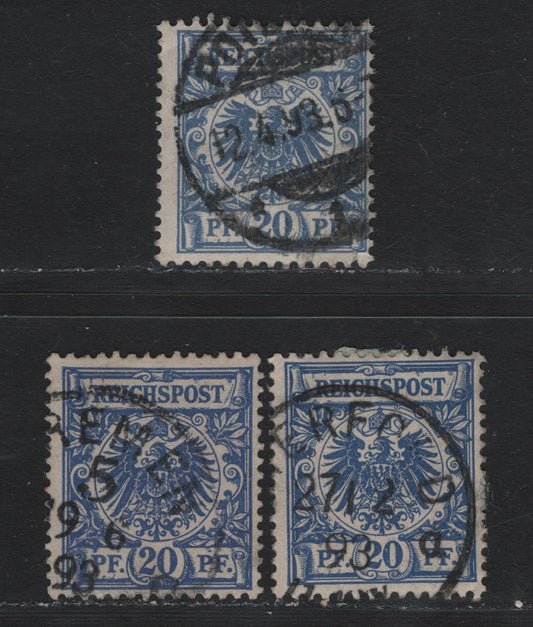 Lot 105 Germany SC#46c (48b,ba,d) 20pf Dark Blue - Medium Blue , 1889-1900 Crown & Eagle Reichpost Issue, 3 Fine Used Singles, Common Violet Ultramarine Shade For Comparison, Medium Blue Has A Corner Crease & Is Not Counted