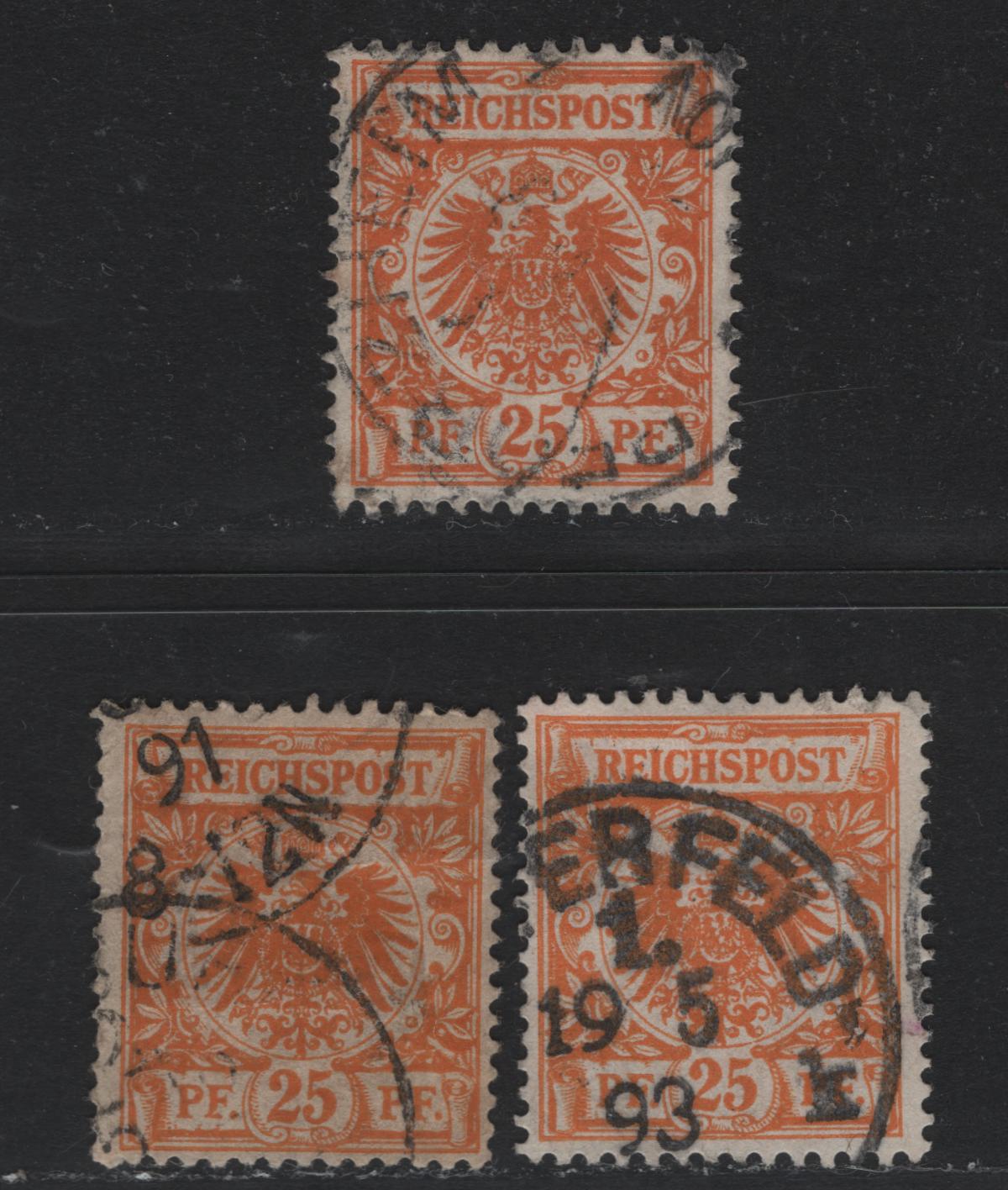 Lot 107 Germany SC#50,b (49aa,b,ba) 25pf Dark Orange - Lively Yellowish Orange , 1889-1900 Crown & Eagle Reichpost Issue, 3 Fine/Very Fine Used Singles, Lively Shade Is A Printing From 1890-1891 & Cancelled In 1891