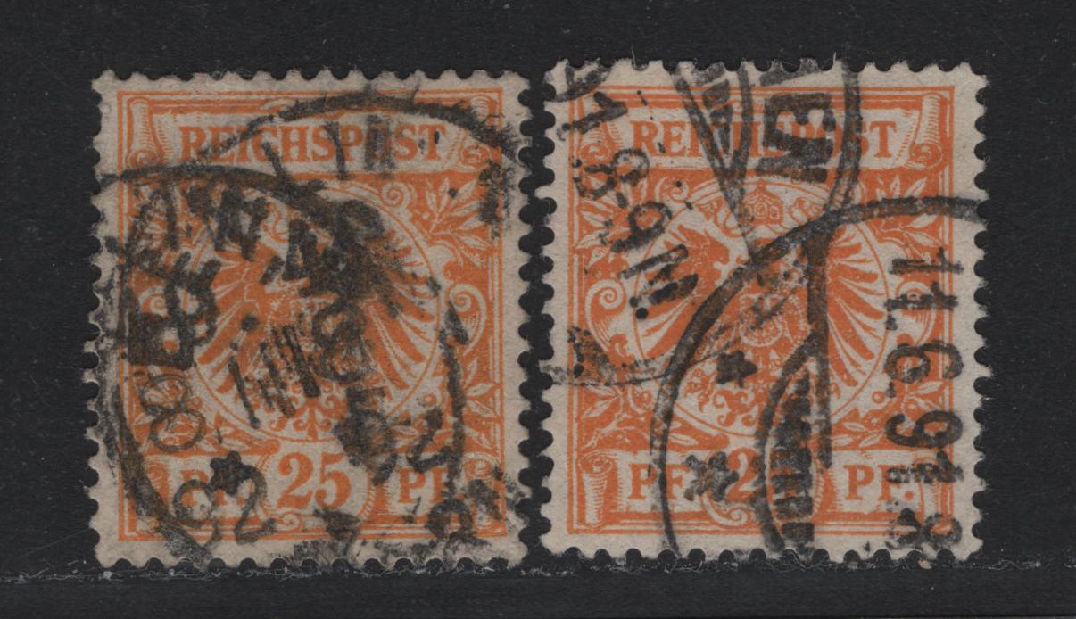 Lot 108 Germany SC#50b (49aa,b) 25pf Lively Yellowish Orange - Yellowish Orange , 1889-1900 Crown & Eagle Reichpost Issue, 2 Fine/Very Fine Used Singles, Heavy Cancel On The Expensive Shade, Date Is 1892, Given That The Shade Appeared in 1891.