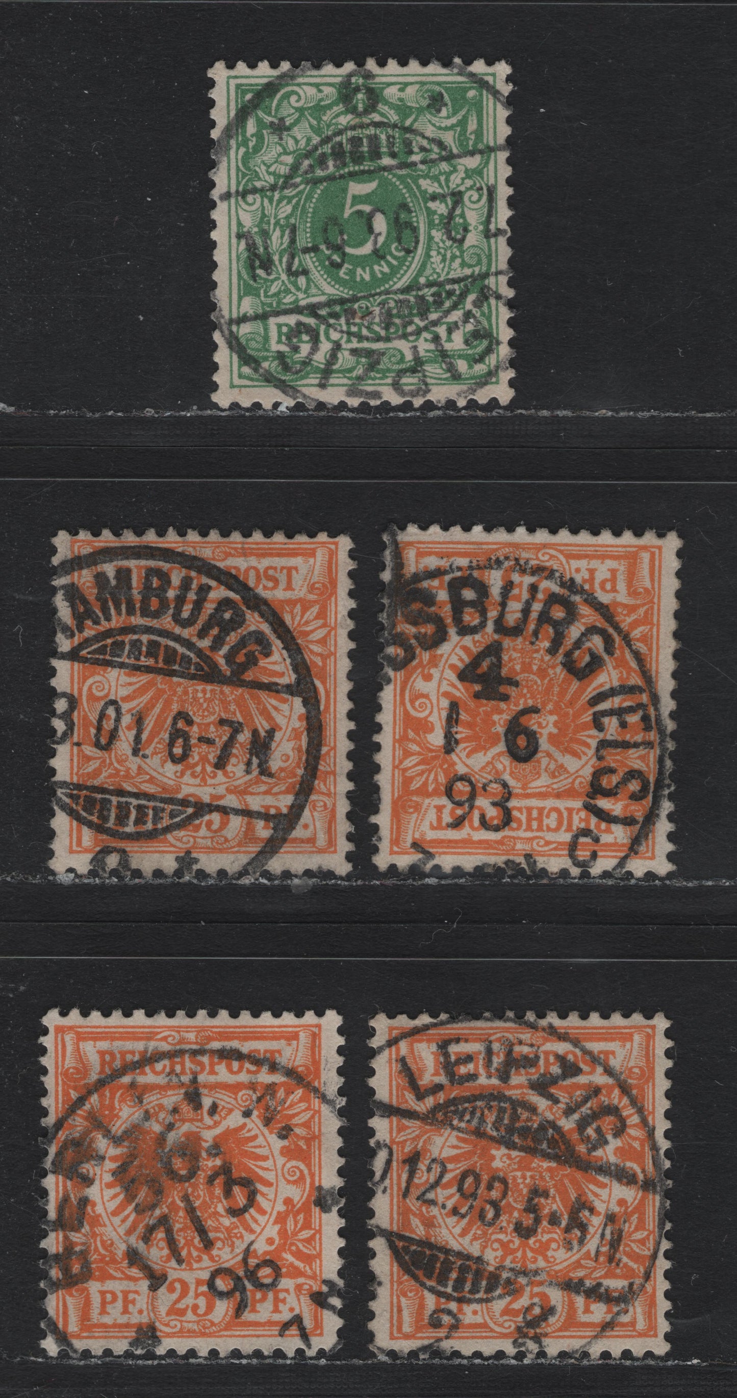 Lot 109 Germany SC#47a, 50 (46a, 49ba) 5pf - 25pf Green - Dark Orange , 1889-1900 Crown & Eagle Reichpost Issue, 5 Fine/Very Fine Used Singles, SON Cancels