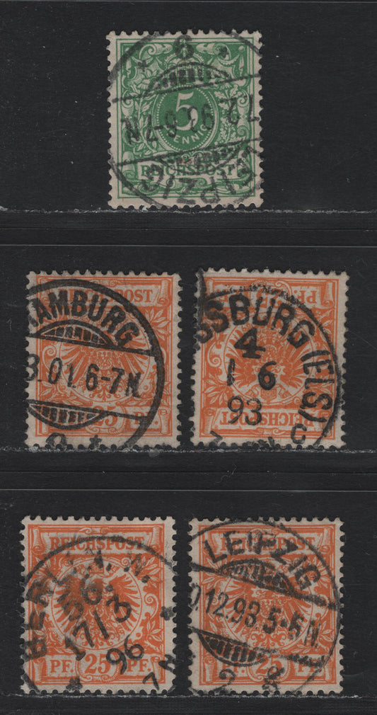 Lot 109 Germany SC#47a, 50 (46a, 49ba) 5pf - 25pf Green - Dark Orange , 1889-1900 Crown & Eagle Reichpost Issue, 5 Fine/Very Fine Used Singles, SON Cancels