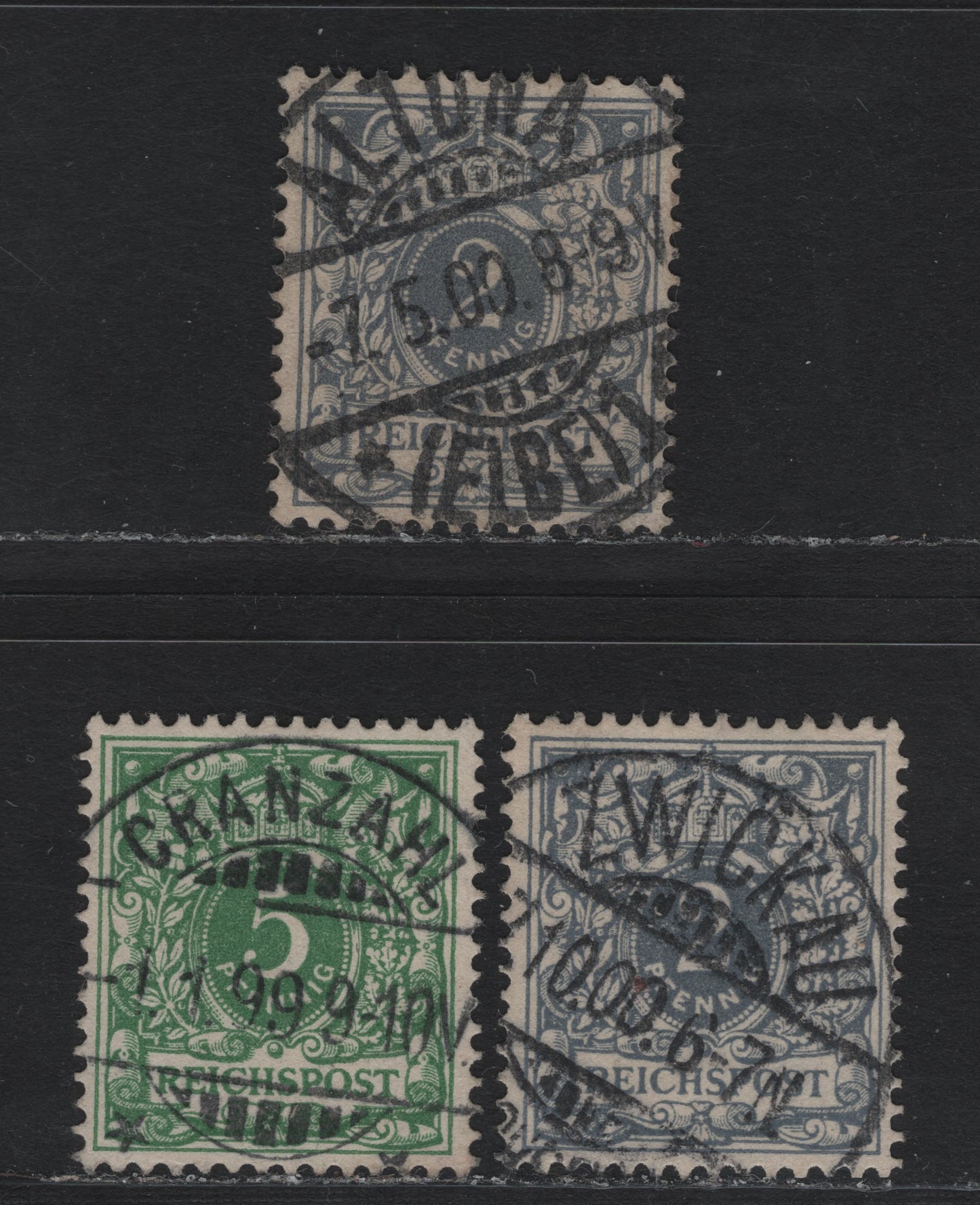 Lot 110 Germany SC#45, 47a (46a, 52) 2pf - 5pf Lively Gray - Green , 1889-1900 Crown & Eagle Reichpost Issue, 3 Fine/Very Fine Used Singles, May 7 1900 Altuna, October 1900 Zwickau & January 1899 Cranzahl CDS Cancels