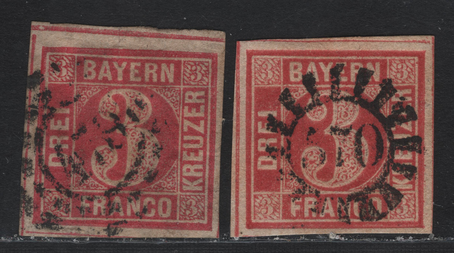 Lot 11 Bavaria SC#10 (Michel# 9a) 3kr Rose , 1862 Numeral Issue, 2 Very Fine Used Singles, Open & Closed Millwheel Cancels, #570 Closed (Zanyberg) & #479 Open (Kimratshafen), These Are Both Less Common Numbers.