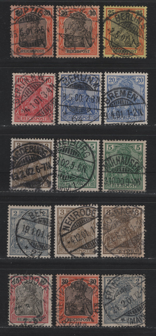Lot 113 Germany SC#52-59 2pf 40pf Gray - Lake & Black , 1900 Reichpost Germania Issues, 15 Fine/Very Fine Used Singles, Showing Large Outer Frame Break To The Left Of The UR '5", Unlsited In Michel