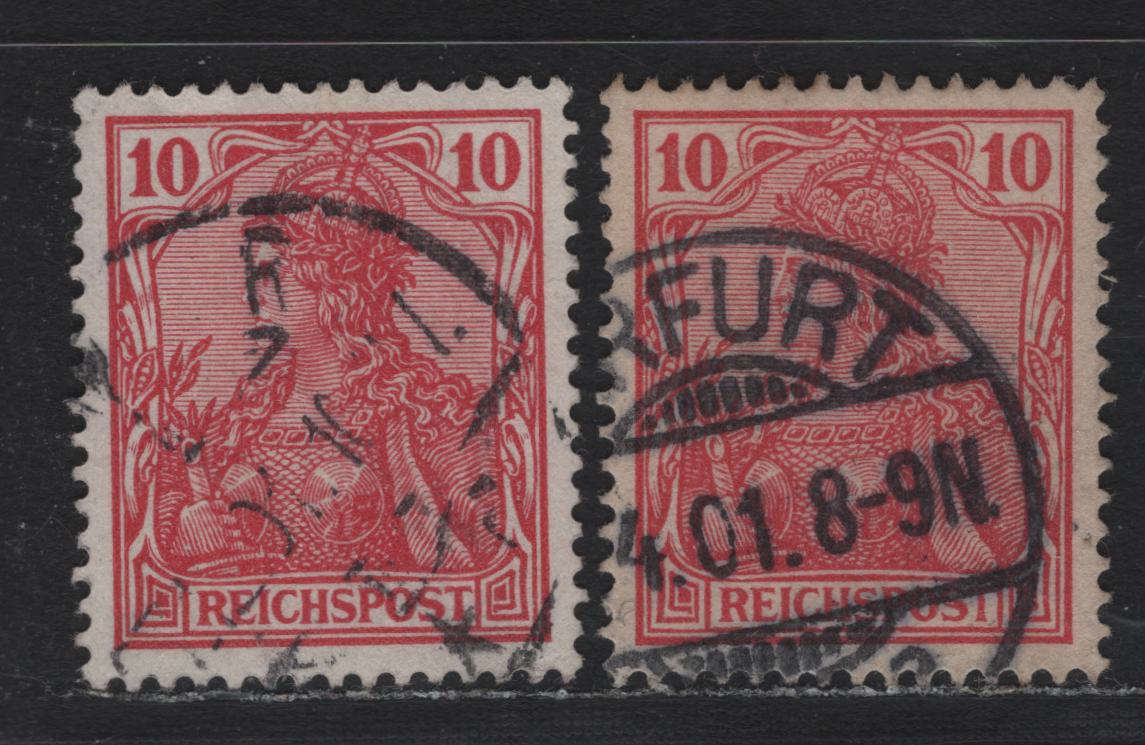 Lot 115 Germany SC#55 (56a,c) 10pf Carmien Red , 1900 Reichpost Germania Issues, 2 Very Fine Used Singles, Showing Some Shade Variations