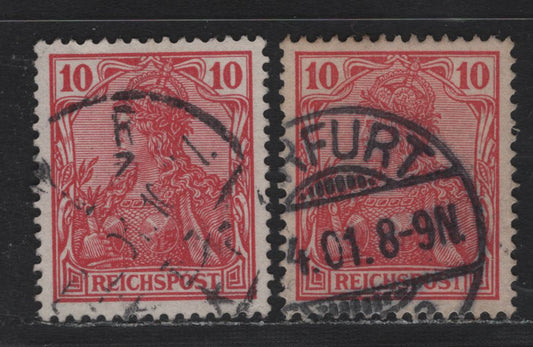 Lot 115 Germany SC#55 (56a,c) 10pf Carmien Red , 1900 Reichpost Germania Issues, 2 Very Fine Used Singles, Showing Some Shade Variations