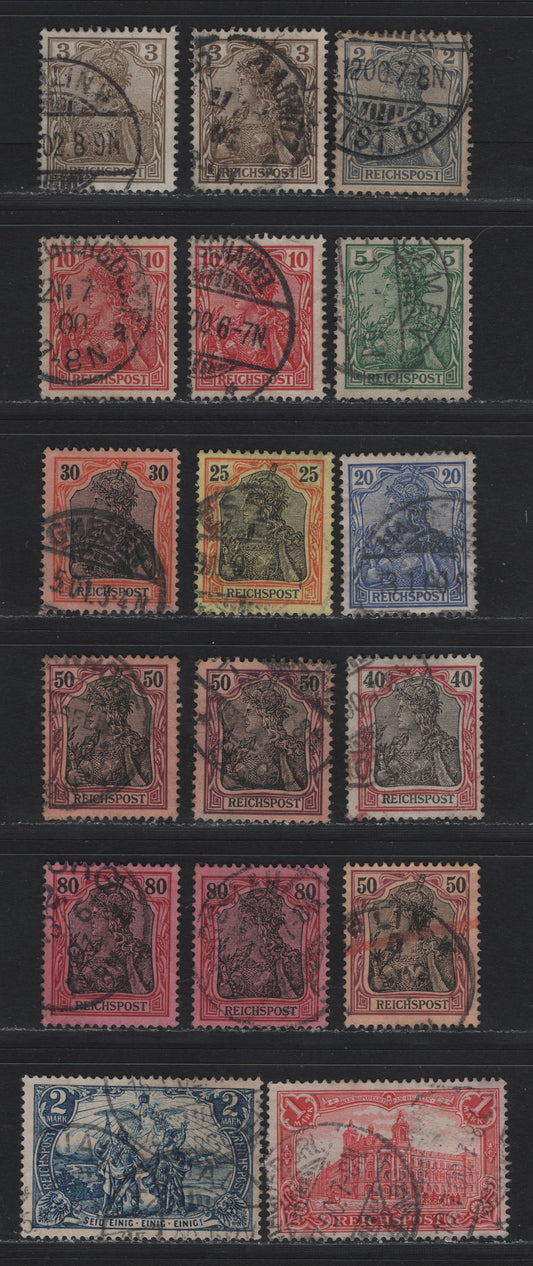 Lot 116 Germany SC#52-63 2pf - 2m Gray - Gray Blue , 1900 Reichpost Germania Issues, 16 Fine/Very Fine Used Singles