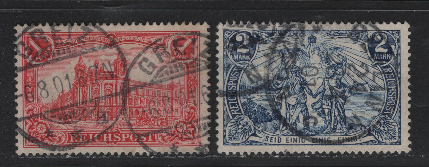 Lot 117 Germany SC#62-63 1m - 2m Scarlet Red & Gray Blue , 1900 Reichpost Germania Issues, 2 Very Fine Used Singles, April 6 1901 Greiz & April 24 1901 Berlin CDS Cancels