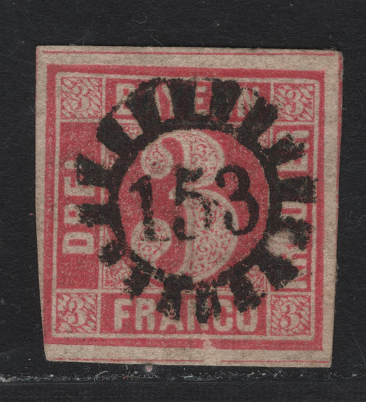 Lot 12 Bavaria SC#10 (Michel# 9c) 3kr Lively Lilac Red , 1862 Numeral Issue, A Fine Used Single, Graining Print, Having A SON Strike Of #153 Closed Millwheel Cancel