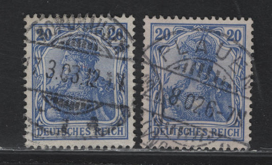 Lot 122 Germany SC#69,b (72a-b) 20pf Lively Violet Ultramarine - Lively Lilac Ultramarine , 1902-1905 Germania Issue, 2 Very Fine Used Singles, Used Examples Of Both Shades, Cancelled With August 21 1902 Plaven & March 17 1903 Korunausen CDS Cancels