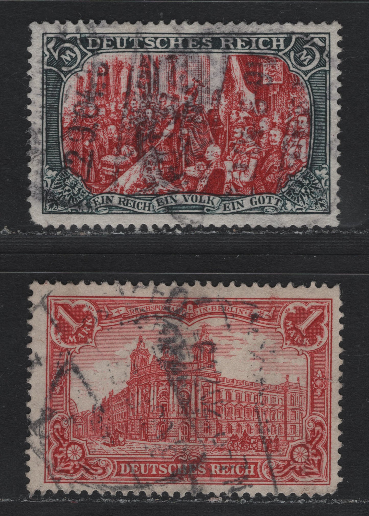 Lot 124 Germany SC#75, 78 1m - 5m Carmine Rose - Slate & Carmine , 1902-1905 Germania Issue, 2 Fine Used Singles, Perf 14, 26x17 Holes