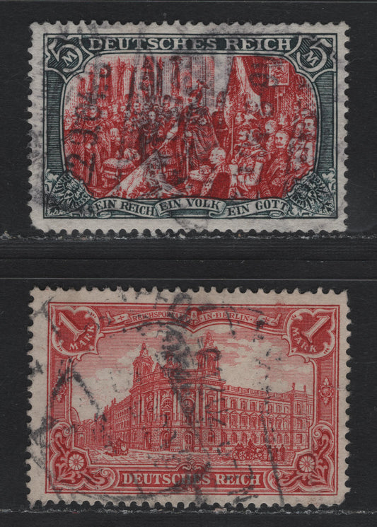 Lot 124 Germany SC#75, 78 1m - 5m Carmine Rose - Slate & Carmine , 1902-1905 Germania Issue, 2 Fine Used Singles, Perf 14, 26x17 Holes