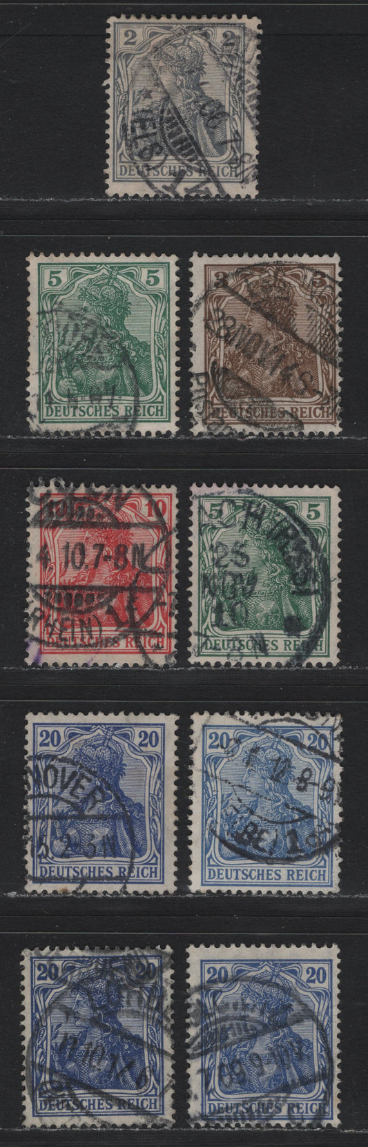 Lot 127 Germany SC#80, 81b, 82h, 82i, 83b, 84e-g (83I, 84I, 85Ia, 86Ia, 87Ia-c) 2pf - 20pf Gray - Lively Lilac Ultramarine , 1905-1913 Germania Issue, 8 Fine Used Singles, Peace Time Printings, Lozenges Wmk