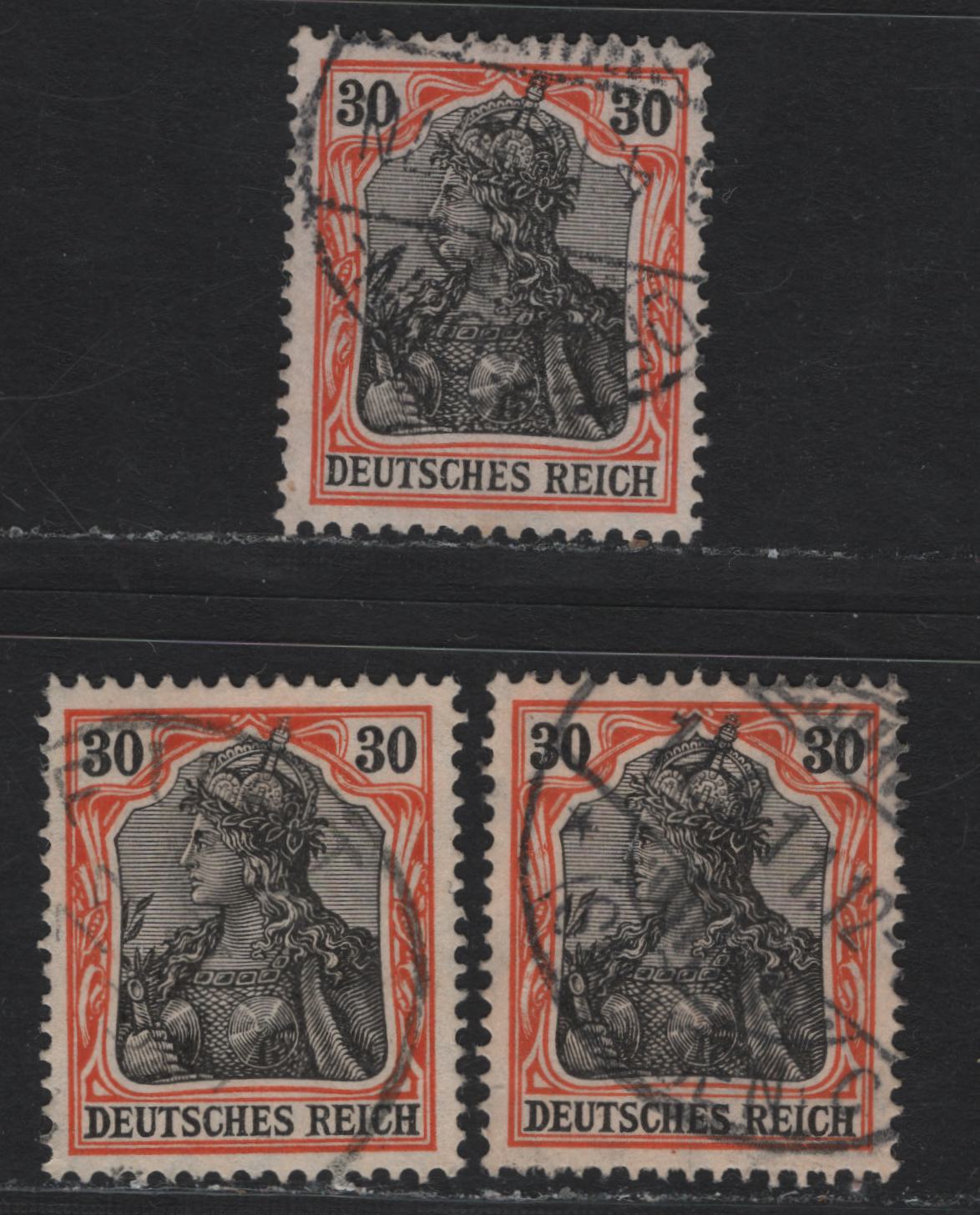 Lot 129 Germany SC#86b-c (89Ix, 89Iy) 30pf Black & Orange Red - Black & Red Orange , 1905-1913 Germania Issue, 3 Very Fine Used Singles, Peace Time Printings, Lozenges Wmk