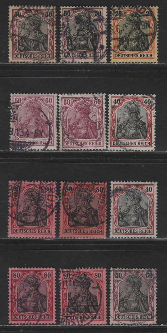 Lot 131 Germany SC#85a, 87a, 88b, 89b, 91a (88I, 90I, 91Ix, 92I, 93I) 25pf - 80pf Orange & Black on Yellow - Lake & Black on Rose , 1905-1913 Germania Issue, 8 Fine/Very Fine Used Singles, Unlisted Shade Variations & Paper Color Variations On 50pf