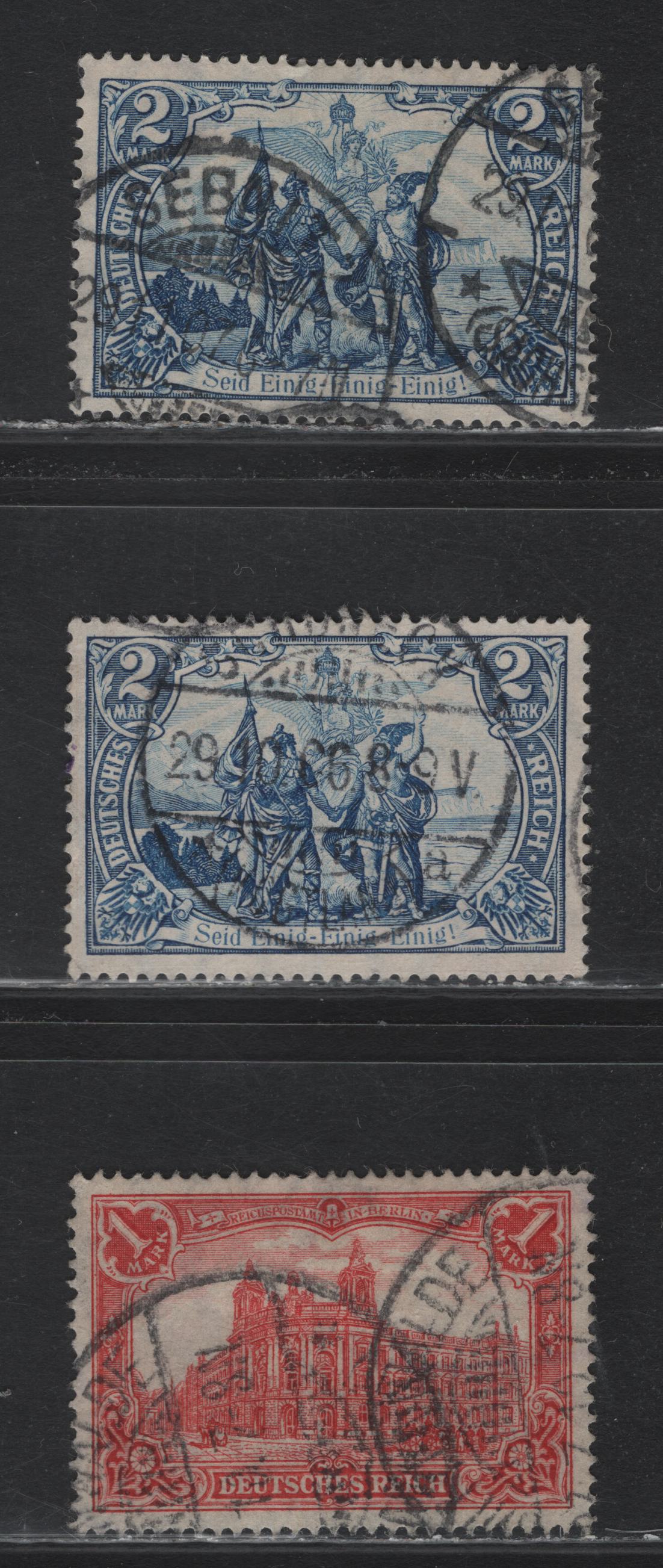 Lot 133 Germany SC#92b-c 1m - 2m Carmien Red - Bright Blue , 1905-1913 High Values, 3 Very Fine Used Singles, Perf 14, 26x17 Holes, Two Shades Of 2m.