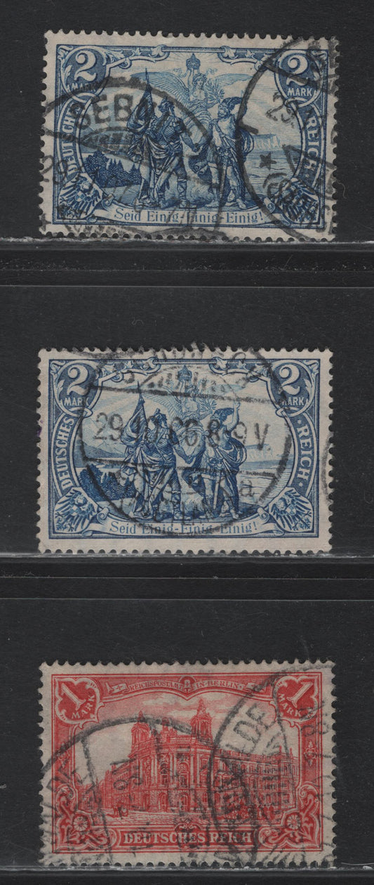 Lot 133 Germany SC#92b-c 1m - 2m Carmien Red - Bright Blue , 1905-1913 High Values, 3 Very Fine Used Singles, Perf 14, 26x17 Holes, Two Shades Of 2m.