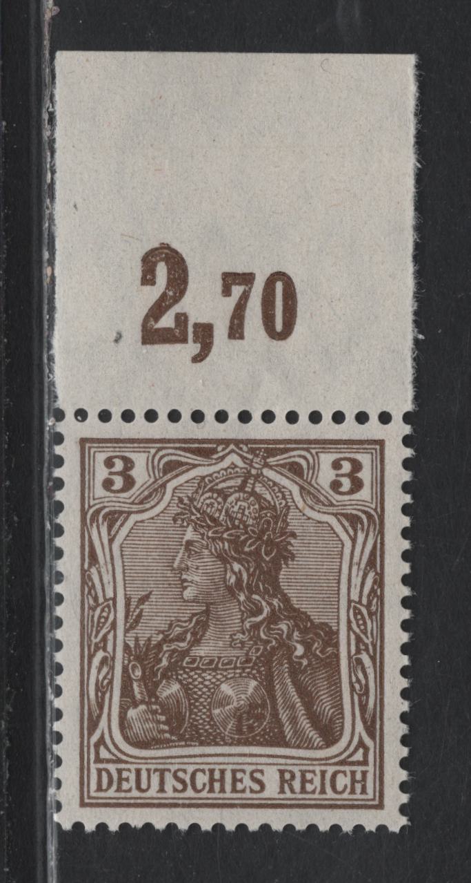 Lot 136 Germany SC#81a (84IIbPoR) 3pf Blackish Ochre Brown , 1914-1919 Germania Issue, A VFNH Single, 1918 Printing, Top Margin Single With Counter Mark
