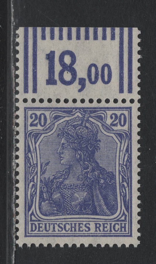 Lot 139 Germany SC#84b (87IIaWOR 2'9'2) 20pf Dark Lilac Ultramarine , 1914-1919 Germania Issue, A VFNH Single, March 1915 Printing, Top Sheet Margin Single, Counter Tab Having 2 Outer Bars, 9 Inner & 2 Outer.