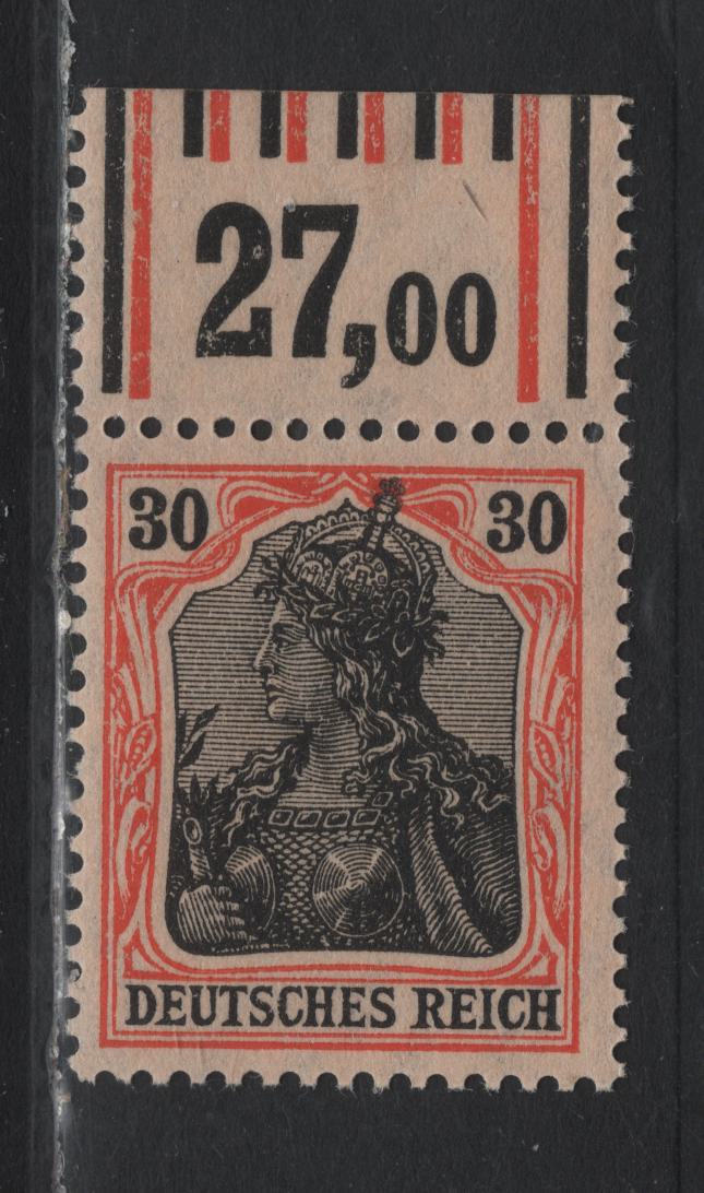Lot 141 Germany SC#86 (89IIxVOR 1'4'1/1'5'1) 30pf Orange & Black on Orange , 1913-1920 Germania Issue, A VFNH Single, White Paper With Chrome Yellow Back, Top Sheet Margin Single With Counter Tab Having One Outer Bar Of Each Color And 4/5 Inner Bars