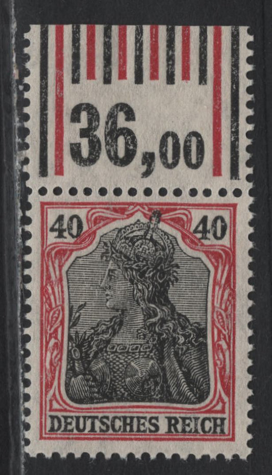 Lot 142 Germany SC#87 (90IIa 1'4'1/1'5'1) 40pf Dark Reddish Carmine & Black , 1913-1920 Germania Issue, A VFNH Single, June 1915 Printing, Top Sheet Margin Single With Counter Tab, Having 1 Outer Bar Of Each Color & 4/5 Inner Bars.