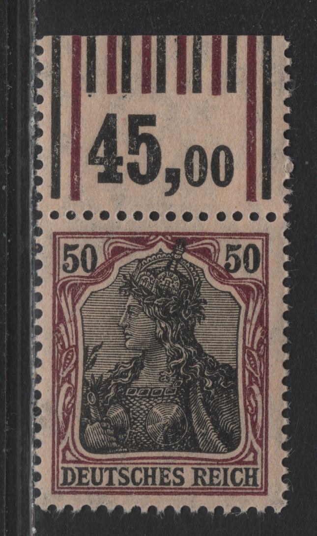 Lot 143 Germany SC#88 (91IIxWOR 1'4'1/1'5'1) 50pf Purple & Black on Buff , 1913-1920 Germania Issue, A VFNH Top Sheet Margin Single, March 1915 Printing, 1 Outer Bar Of Each Color & 4/5 Inner Bars