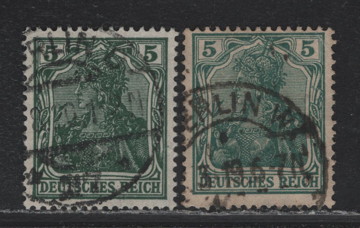 Lot 146 Germany SC#82 (85IIa, 85IIe) 5pf Dark Opal Green & Black Opal Green , 1913-1920 Germania Issue, 2 Fine/Very Fine Used Singles, Scarce Shade, January 1918 Printing