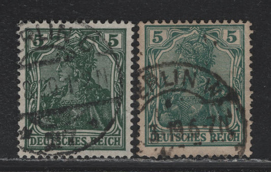 Lot 146 Germany SC#82 (85IIa, 85IIe) 5pf Dark Opal Green & Black Opal Green , 1913-1920 Germania Issue, 2 Fine/Very Fine Used Singles, Scarce Shade, January 1918 Printing