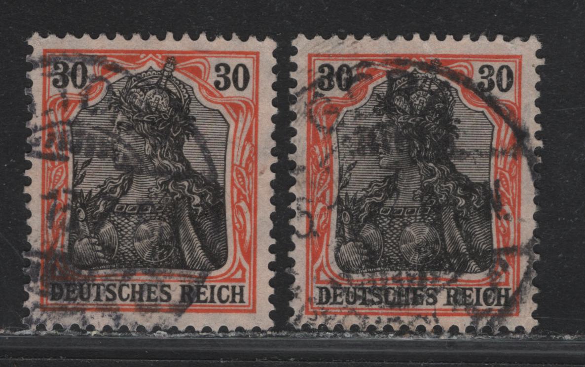 Lot 148 Germany SC#86a (89IIy) 30pf Black & Orange Red - Deep Orange Red on Orange-White , 1913-1920 Germania Issue, 2 Fine/Very Fine Used Singles, Two Different Shades, One Stamp Is Marked Iix on the Back, But This Is Incorrect In My Opinion.