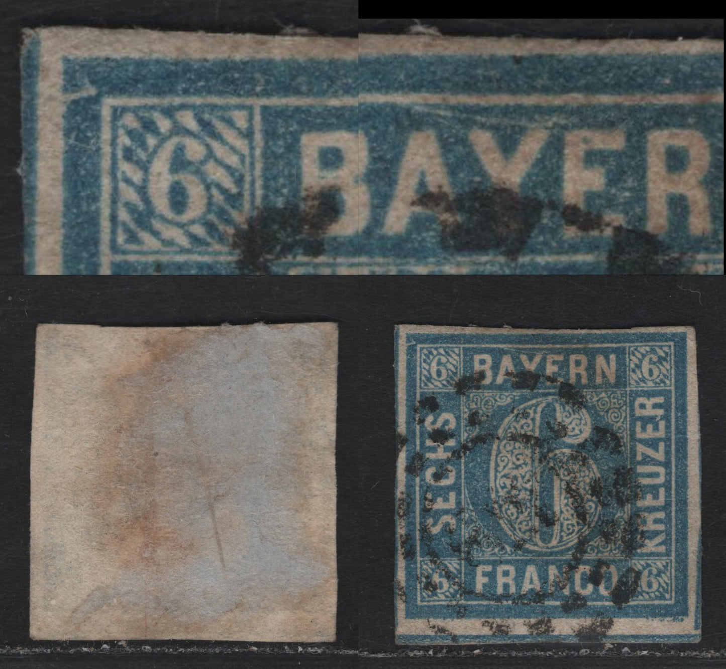 Lot 14 Bavaria SC#11 (Michel# 10avar) 6kr Ultramarine , 1862 Numeral Issue, A Very Fine Used Single, Showing Scratch Above 'Aye' of Bayern and Nick in From At UL