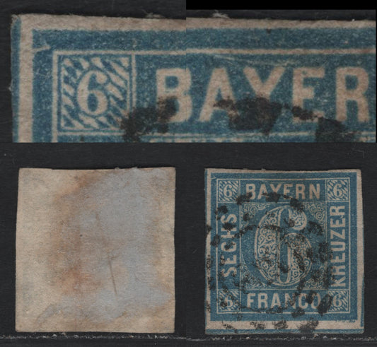 Lot 14 Bavaria SC#11 (Michel# 10avar) 6kr Ultramarine , 1862 Numeral Issue, A Very Fine Used Single, Showing Scratch Above 'Aye' of Bayern and Nick in From At UL